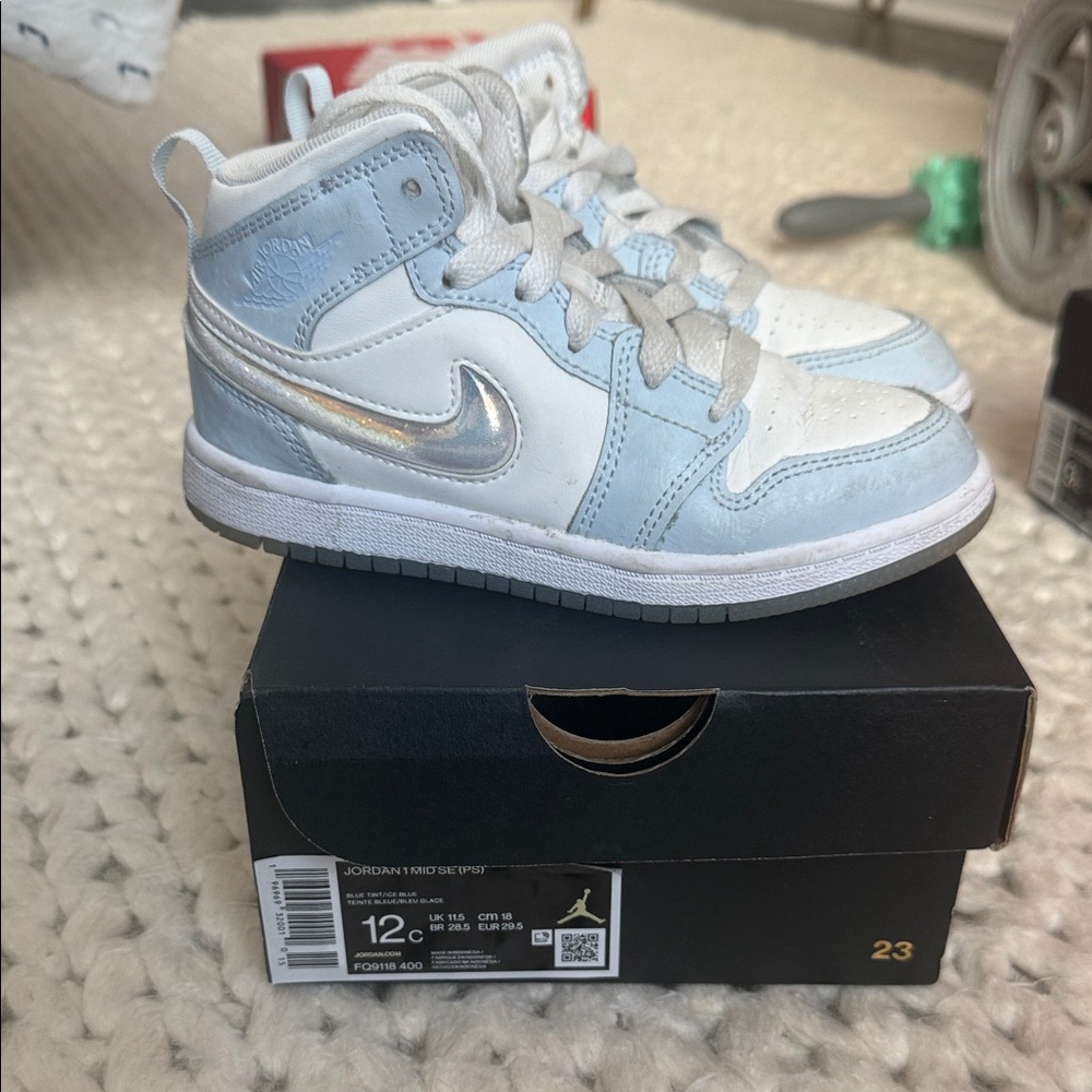 Nike Kids' Air Jordan 1 Mid White & Light Blue Sneakers with Silver Swoosh
